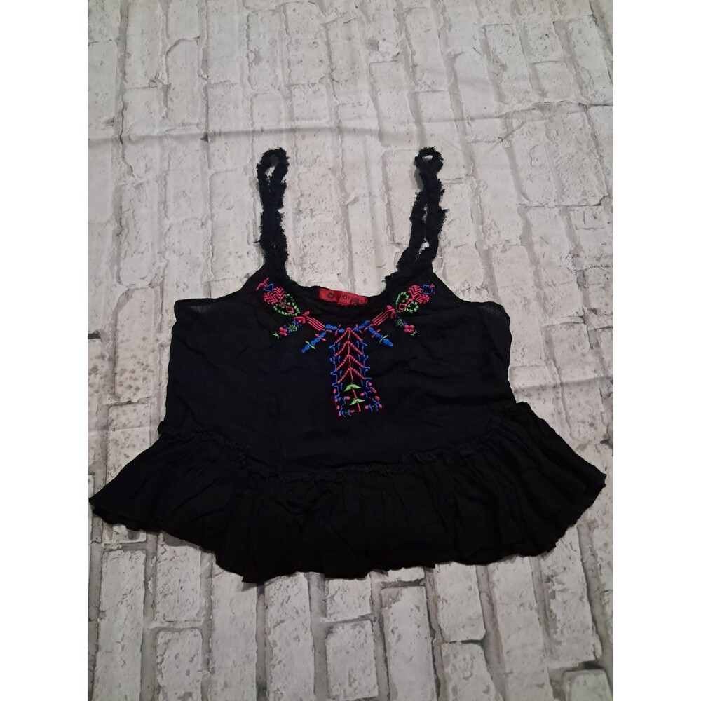 Hot Kiss Women's Size Small Top Embroidered Geometric Fringe Straps Ruffled